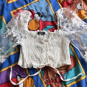 White Lace Puff Sleeve Crop Top